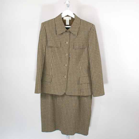 Casual Corner Dresses & Skirts - Casual Corner Womens Plaid Blazer Skirt Suit Set Size 14 Brown‎ Blue Wool Blend